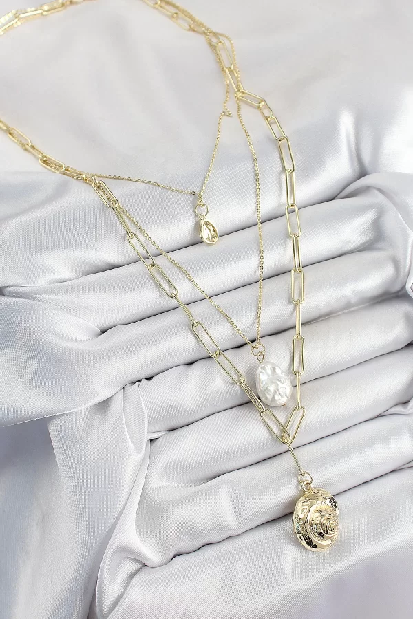 Pirinç Çoklu Zincirli İncili Deniz Kabuğu Model Gold Renk Kadın Kolye