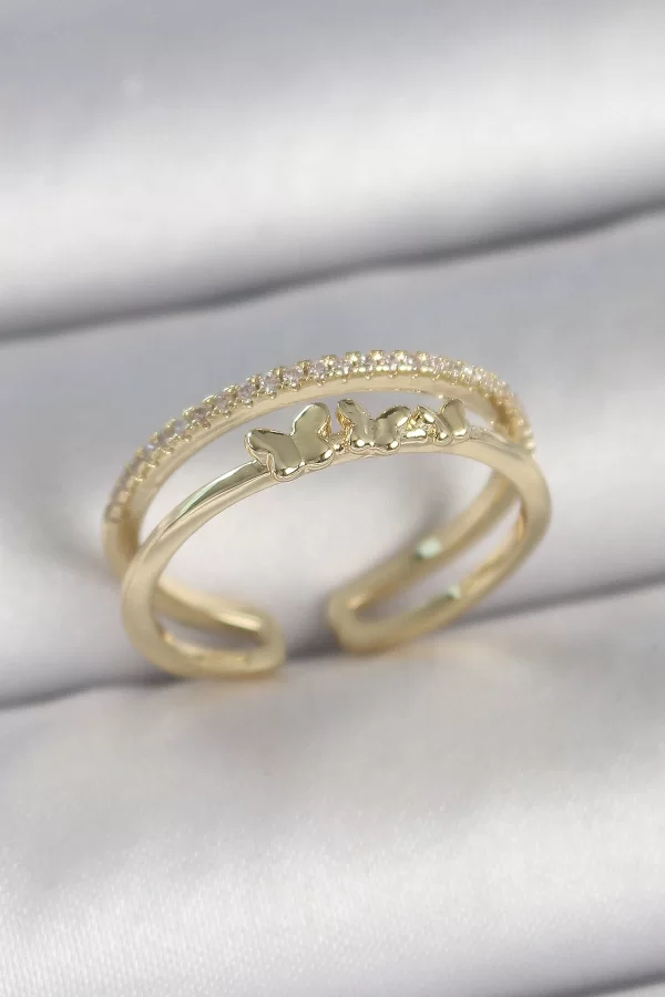 Pirinç Gold Renk 2Li Sıra Zirkon Taş Detaylı Kelebek Figürlü Ayarlanabilir Model Kadın Yüzük