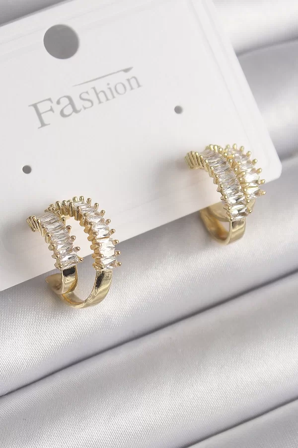 Pirinç Gold Renk 2Li Zirkon Taşlı Halka Model Kadın Küpe