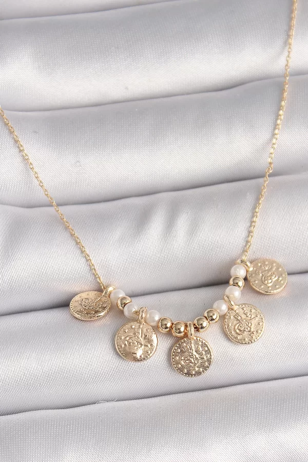 Pirinç Gold Renk 5Li Osmanlı Tuğra Figür İnci Detay Kadın Kolye