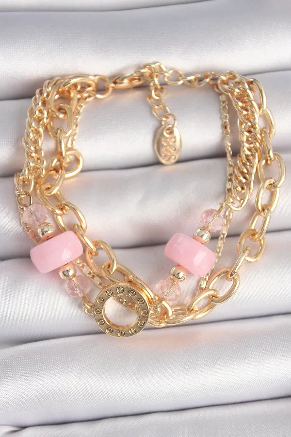 Pirinç Gold Renk Çoklu Pembe Taşlı Kadın Bileklik