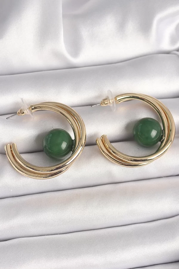 Pirinç Gold Renk Halka Model Yeşil Boncuk Detay Kadın Küpe