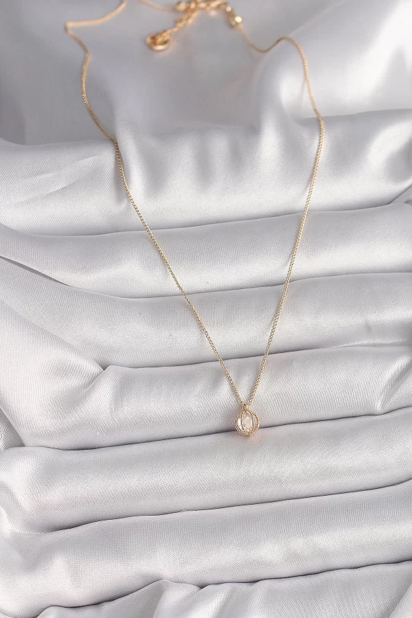 Pirinç Gold Renk Zirkon Taşlı Daire Kafes Model Kadın Kolye
