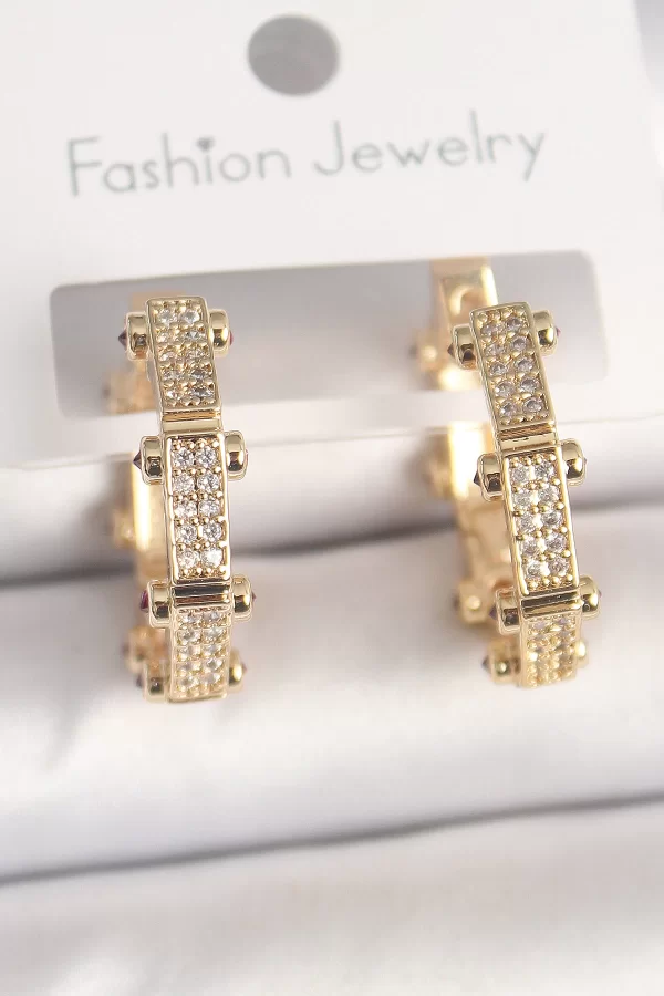 Pirinç Gold Renk Zirkon Taşlı Halka Model Kadın Küpe