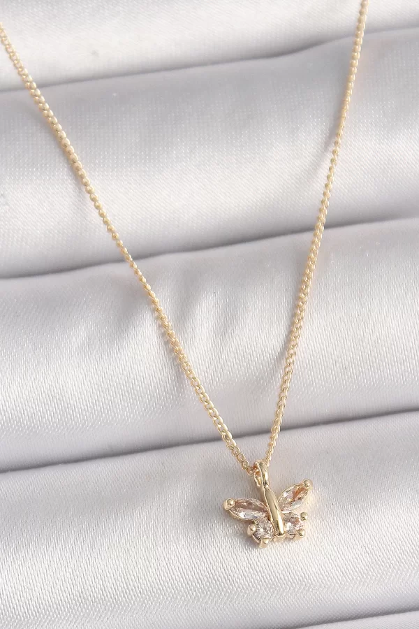Pirinç Gold Renk Zirkon Taşlı Kelebek Model Kadın Kolye