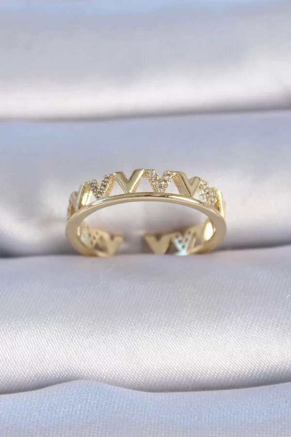 Pirinç Gold Renk Zirkon Taşlı V Model Kadın Yüzük