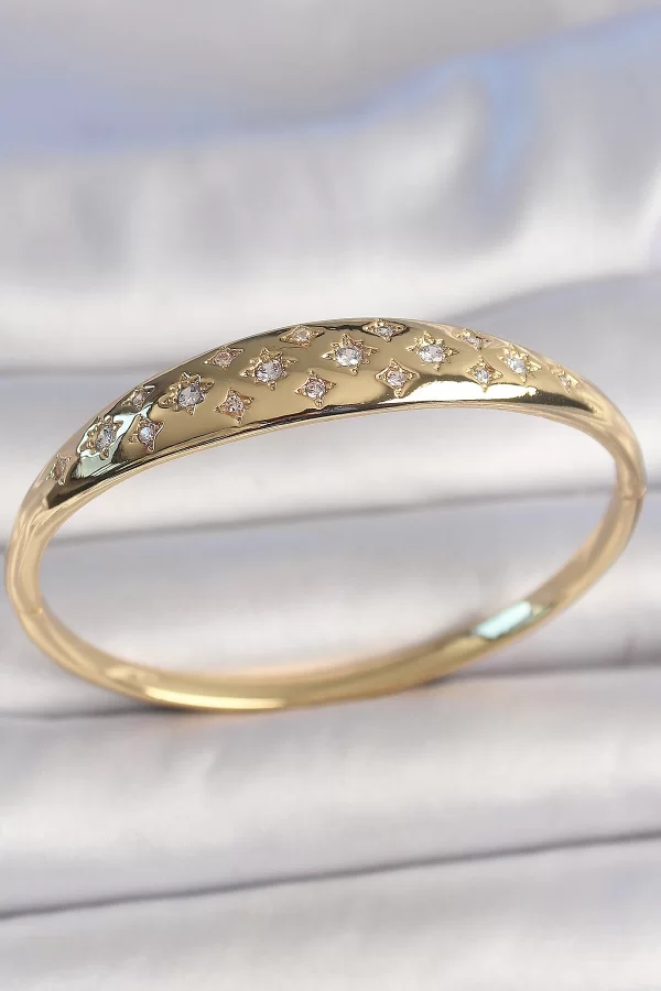 Pirinç Gold Renk Zirkon Taşlı Yıldız İşlemeli Kadın Kelepçe