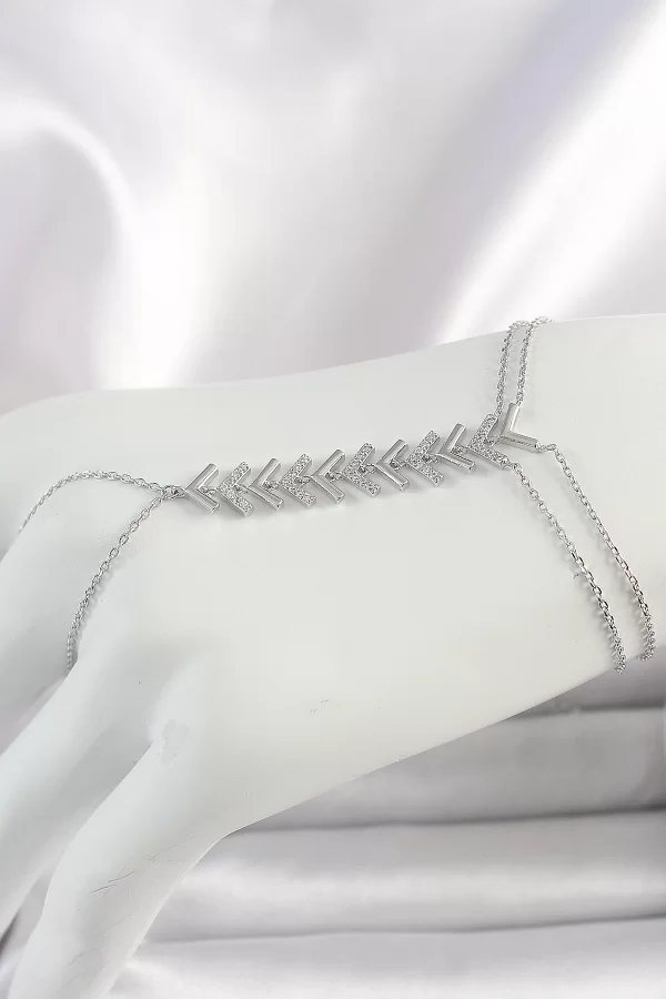 Pirinç Gümüş Renk Zirkon Taşlı V Model Kadın Şahmeran