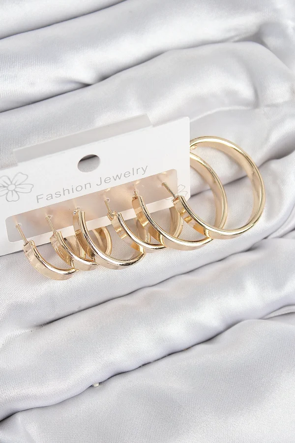 Pirinç Halka Model Gold Renk Kadın Set Küpe