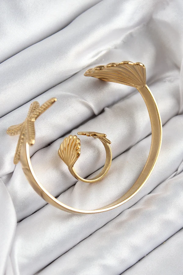 Pirinç İstiridye Ve Deniz Yıldızı Model Gold Renk Bileklik Yüzük Set