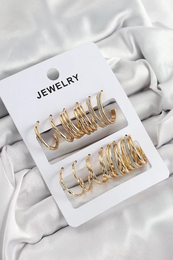 Pirinç Karışık Halka Model Gold Renk 6 Çift Kadın Küpe Set