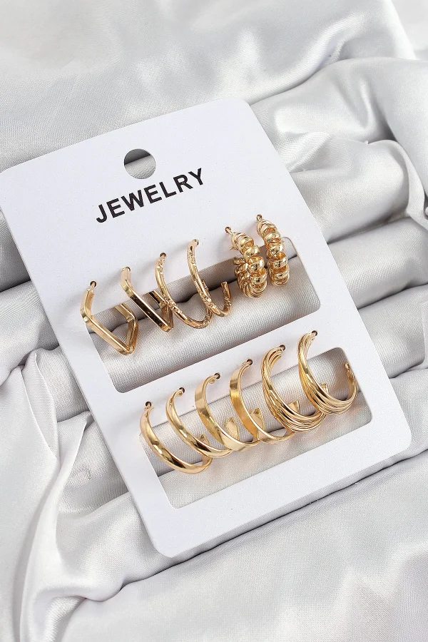 Pirinç Karışık Halka Model Gold Renk 6 Çift Kadın Küpe Set