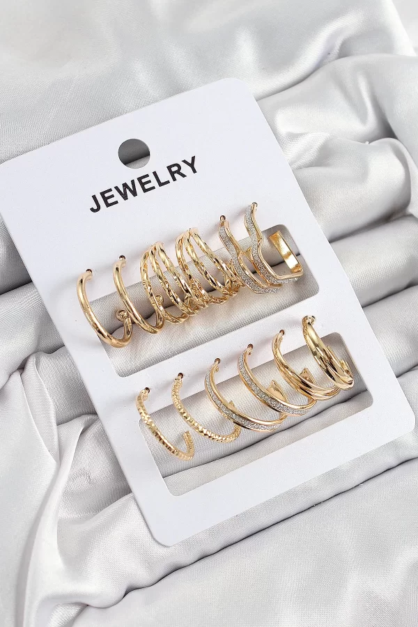 Pirinç Karışık Halka Model Gold Renk 6 Çift Kadın Küpe Set