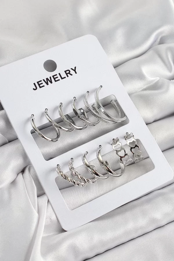 Pirinç Karışık Halka Model Gümüş Renk 6 Çift Kadın Küpe Set