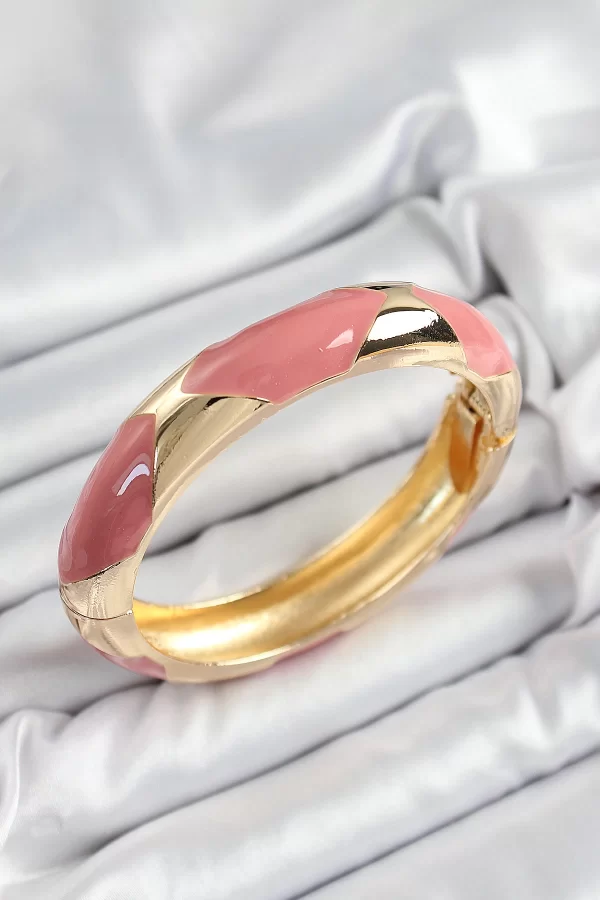Pirinç Pembe Mineli Baklava Model Gold Renk Kadın Kelepçe