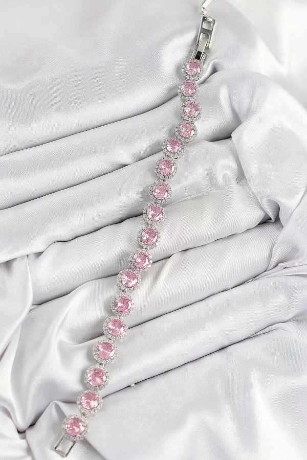 Pirinç Pembe Zirkon Taşlı Daire Baget Model Gümüş Renk VIP Seri Kadın Bileklik
