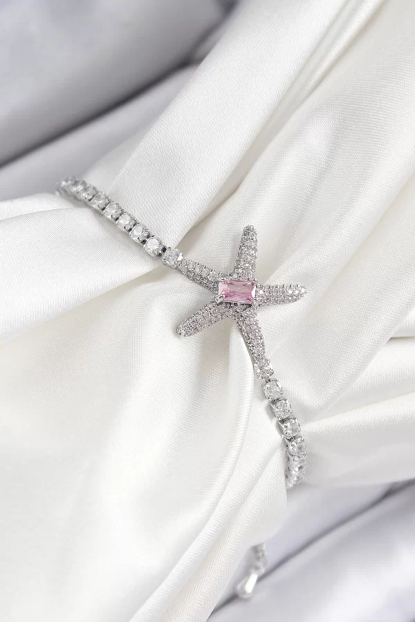 Pirinç Pembe Zirkon Taşlı Deniz Yıldızı Model Gümüş Renk Asansörlü Kadın Bileklik