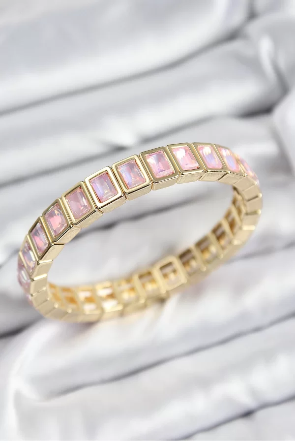 Pirinç Pembe Zirkon Taşlı Dikdörtgen Model Gold Renk Lastikli Kadın Bileklik