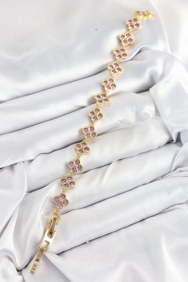 Pirinç Pembe Zirkon Taşlı Yonca Model Gold Renk VIP Seri Kadın Bileklik