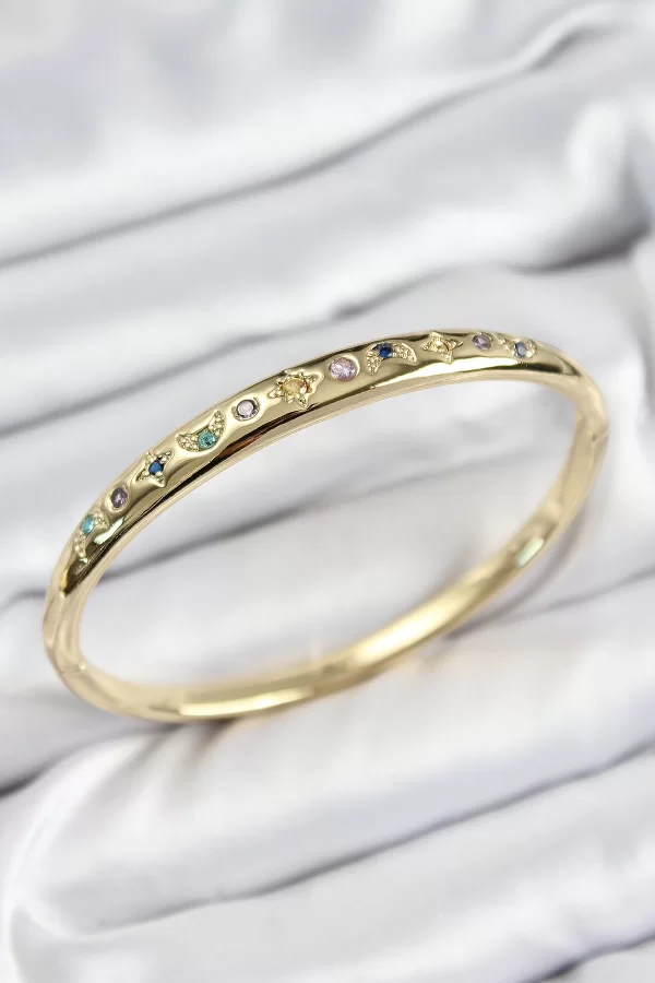 Pirinç Renkli Zirkon Taşlı Kutup Yıldızı Ve Hilal Model Gold Renk Kadın Kelepçe