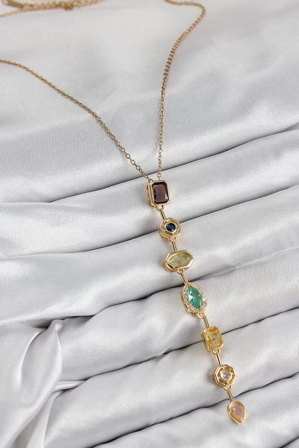 Pirinç Renkli Zirkon Taşlı Model Gold Renk Kadın Y Kolye