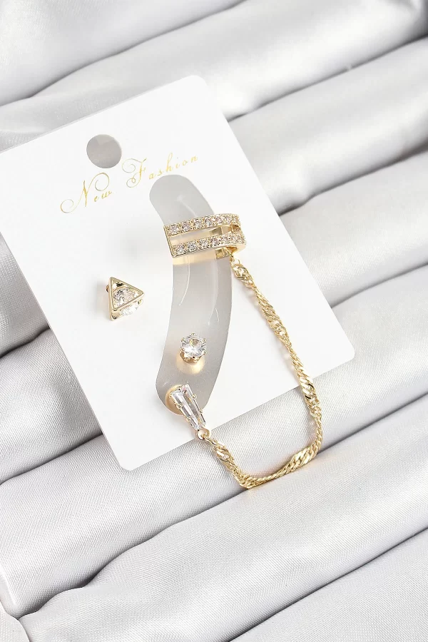 Pirinç Üçgen Figürlü Zirkon Taşlı Gold Renk 3lü Kıkırdak Kadın Küpe Set