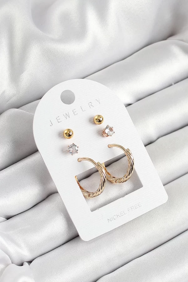 Pirinç Zirkon Taş Ve Halka Figürlü Gold Renk 3lü Çift Kadın Küpe Set