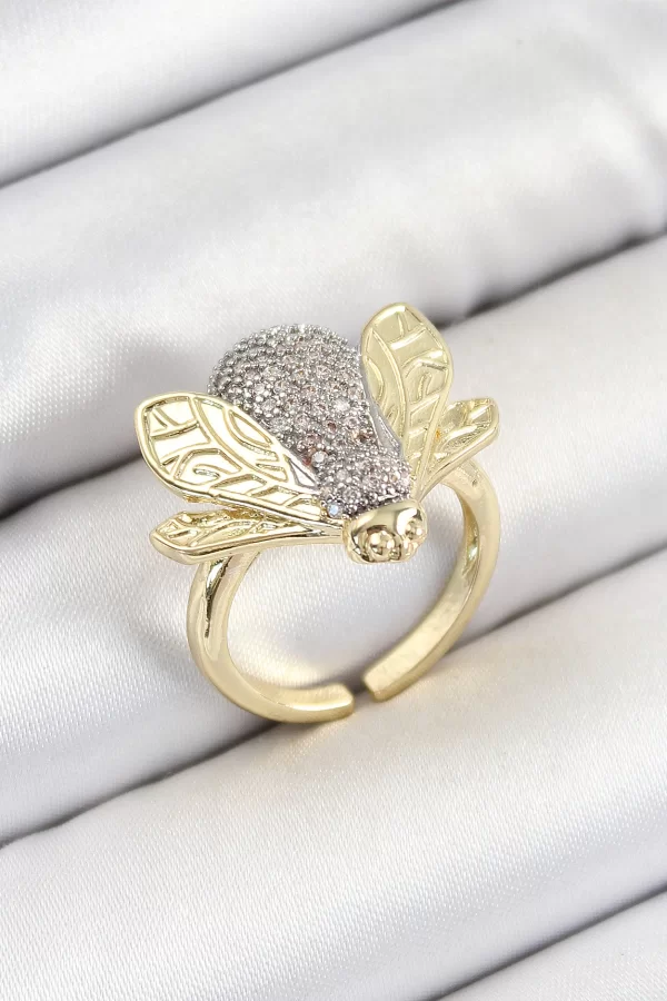 Pirinç Zirkon Taşlı Arı Model Gümüş Ve Gold Renk Kadın Yüzük