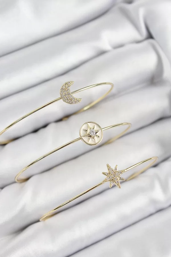 Pirinç Zirkon Taşlı Ay Ve Kutup Yıldızı Model Gold Renk Vip 3lü Kadın Bileklik