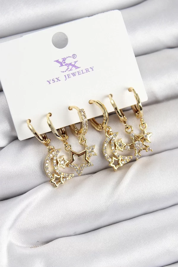 Pirinç Zİrkon Taşlı Ay ve Yıldız Model Gold Renk 3lü Çift Kadın Küpe