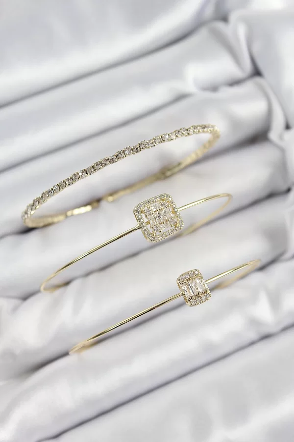 Pirinç Zirkon Taşlı Baget Model Gold Renk Vip 3lü Kadın Bileklik