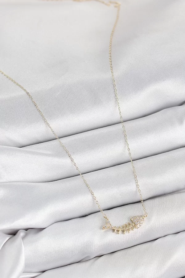Pirinç Zirkon Taşlı Balık Kılçığı Model Gold Renk Kadın Kolye