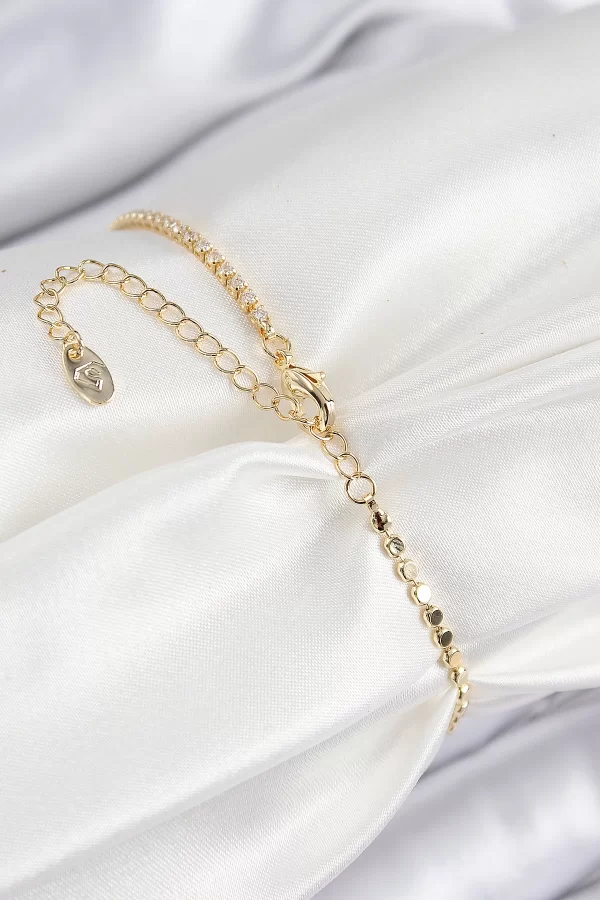 Pirinç Zirkon Taşlı Boncuk Model Ezme Zincir Gold Renk Kadın Bileklik