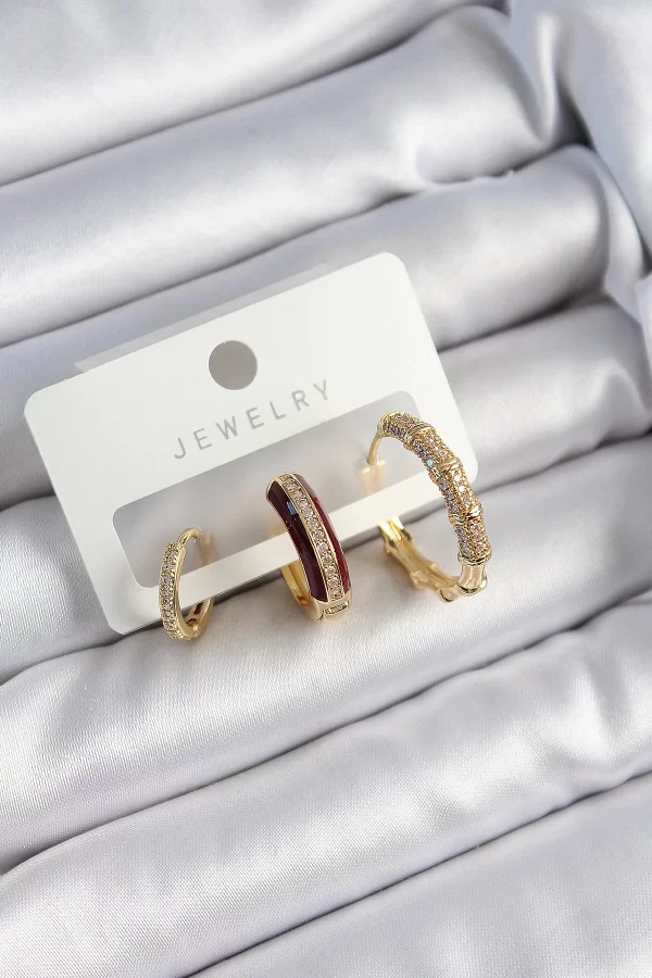 Pirinç Zirkon Taşlı Bordo Halka Model Gold Renk 3lü Çift Kadın Küpe Set