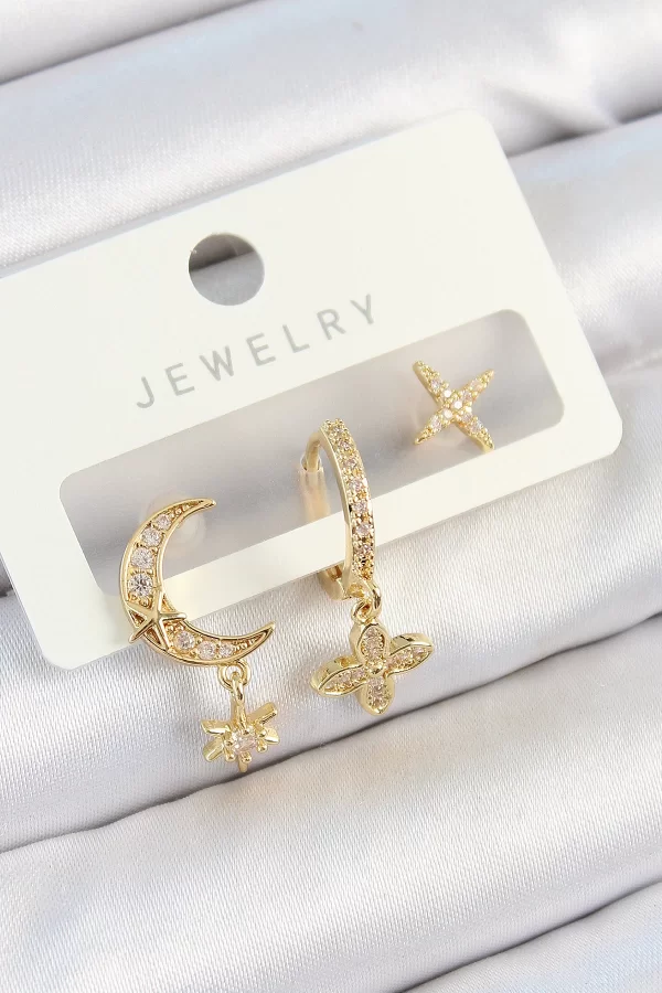 Pirinç Zirkon Taşlı Çiçek Ve Ay Model Gold Renk 3lü Çift Kadın Küpe Set