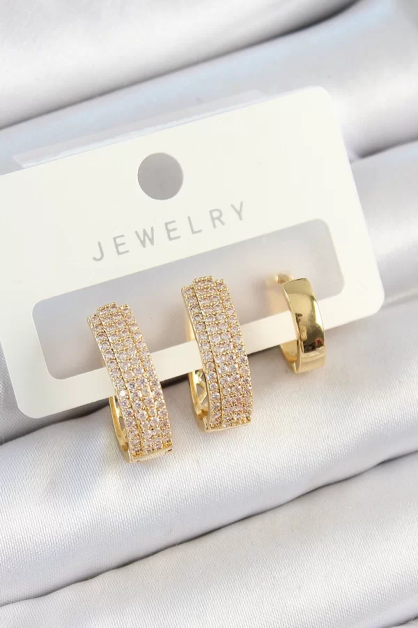 Pirinç Zirkon Taşlı Damla Model Gold Renk 3lü Çift Kadın Küpe Set