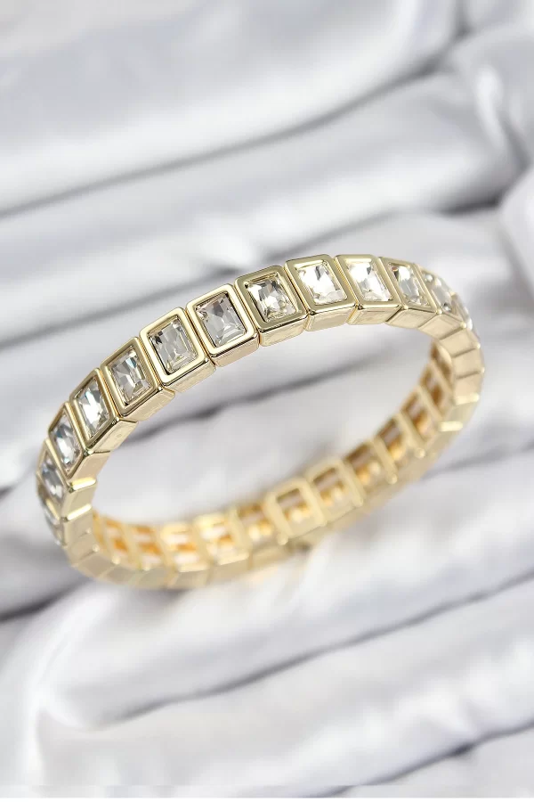 Pirinç Zirkon Taşlı Dikdörtgen Model Gold Renk Lastikli Kadın Bileklik