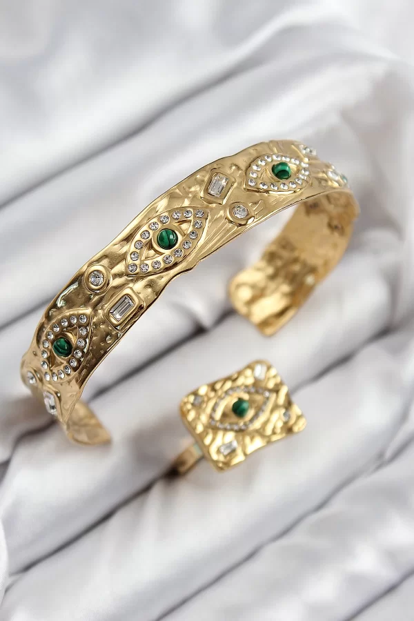 Pirinç Zirkon Taşlı Göz Model Gold Renk Bileklik Yüzük Set