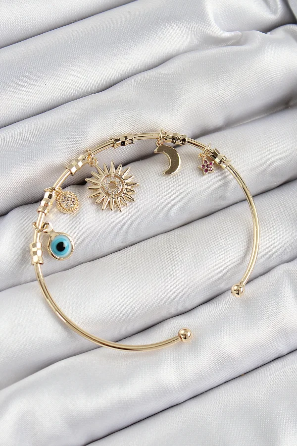 Pirinç Zirkon Taşlı Güneş Ay Nazar Model Gold Renk Charm Bileklik