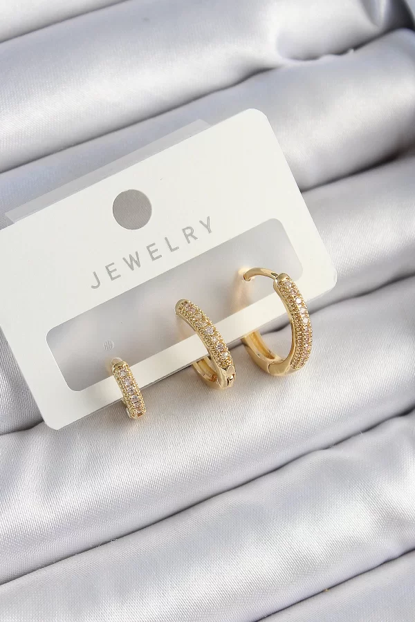 Pirinç Zirkon Taşlı Halka Model Gold Renk 3lü Çift Kadın Küpe Set