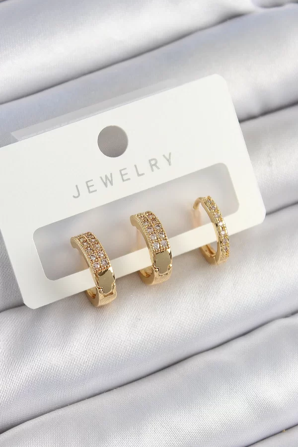 Pirinç Zirkon Taşlı Halka Model Gold Renk 3lü Çift Kadın Küpe Set