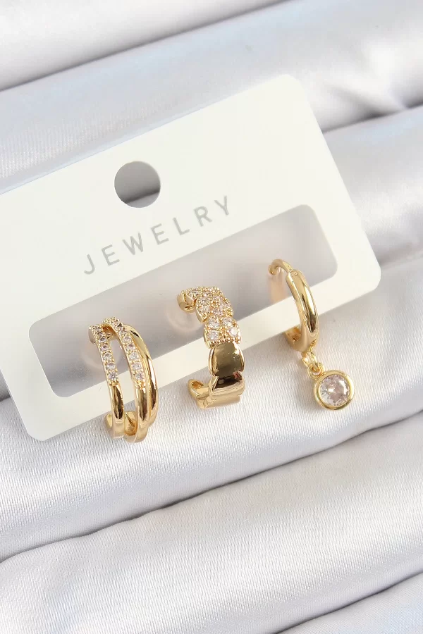 Pirinç Zirkon Taşlı Halka Model Gold Renk 3lü Çift Kadın Küpe Set