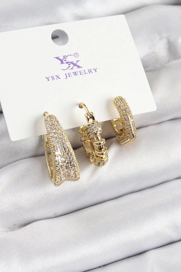 Pirinç Zİrkon Taşlı Halka Model Gold Renk 3lü Kadın Küpe