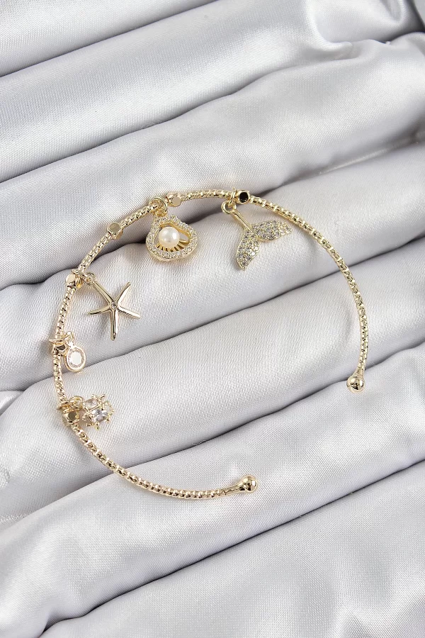 Pirinç Zirkon Taşlı İstiridye Ve Deniz Yıldızı Model Gold Renk Charm Bileklik