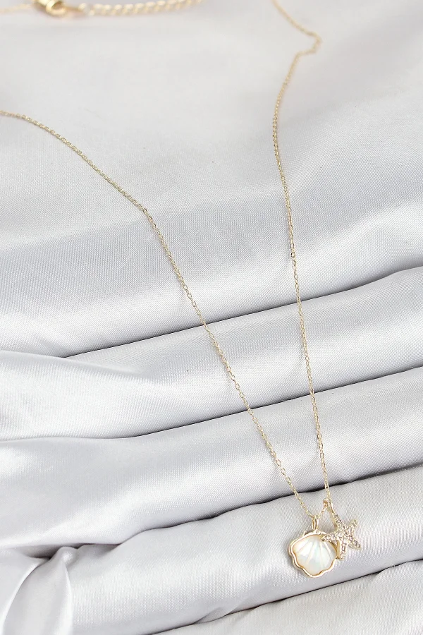 Pirinç Zirkon Taşlı İstiridye Ve Deniz Yıldızı Model Gold Renk Kadın Kolye