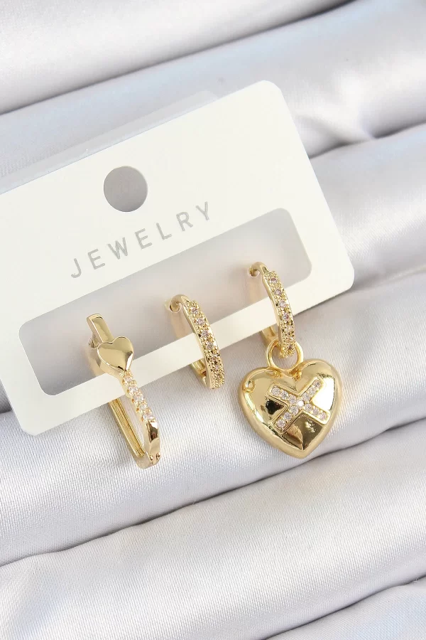 Pirinç Zirkon Taşlı Kalp Model Gold Renk 3lü Çift Kadın Küpe Set