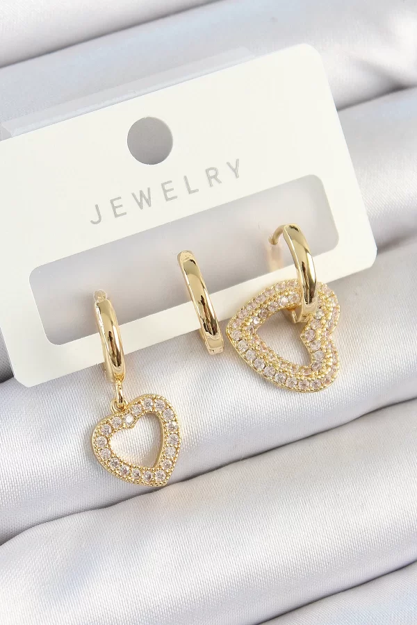 Pirinç Zirkon Taşlı Kalp Model Gold Renk 3lü Çift Kadın Küpe Set