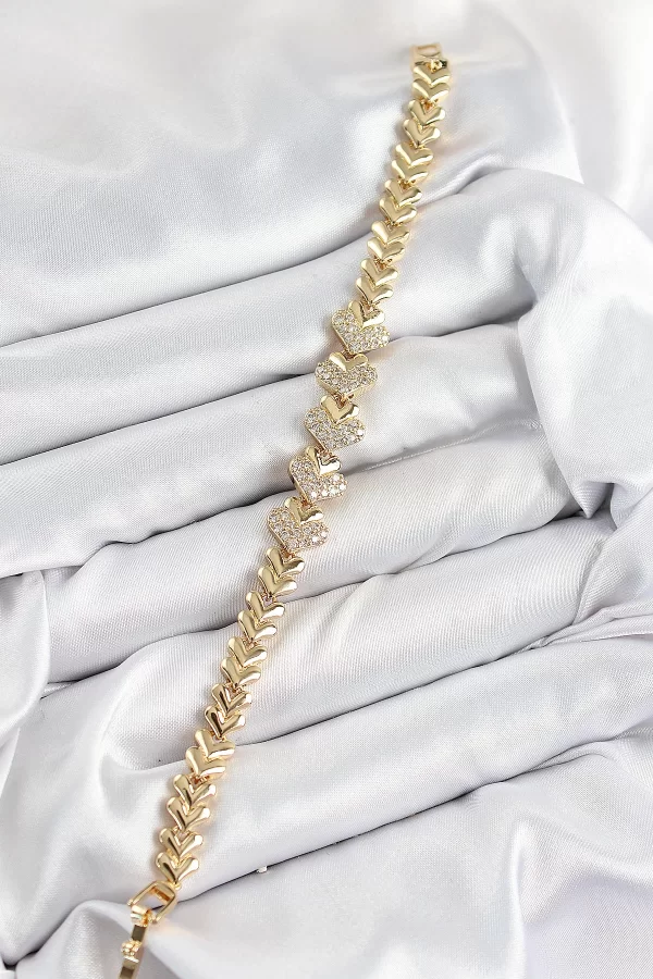 Pirinç Zirkon Taşlı Kalp Model Gold Renk Kadın Bileklik