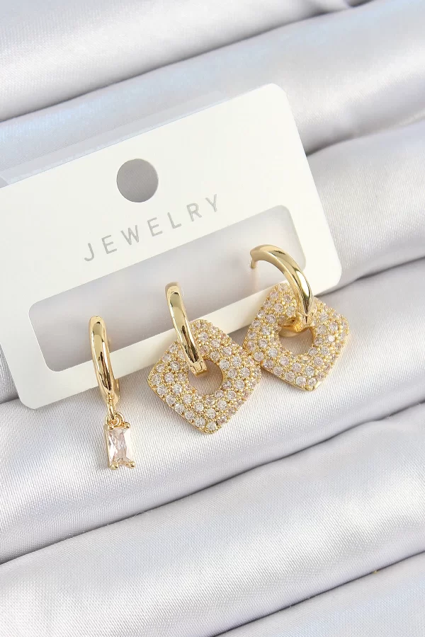 Pirinç Zirkon Taşlı Kare Model Gold Renk 3lü Çift Kadın Küpe Set