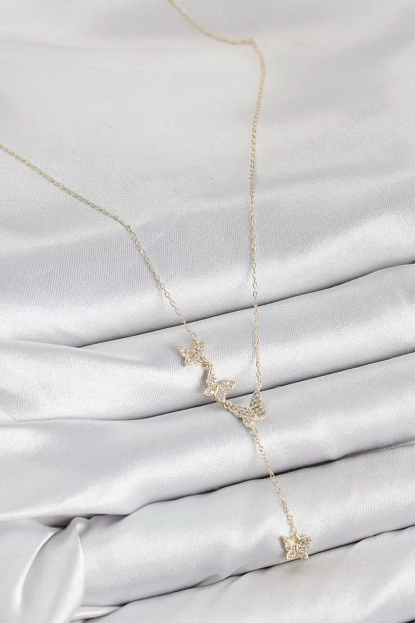 Pirinç Zirkon Taşlı Kelebek Model Gold Renk Kadın Kolye